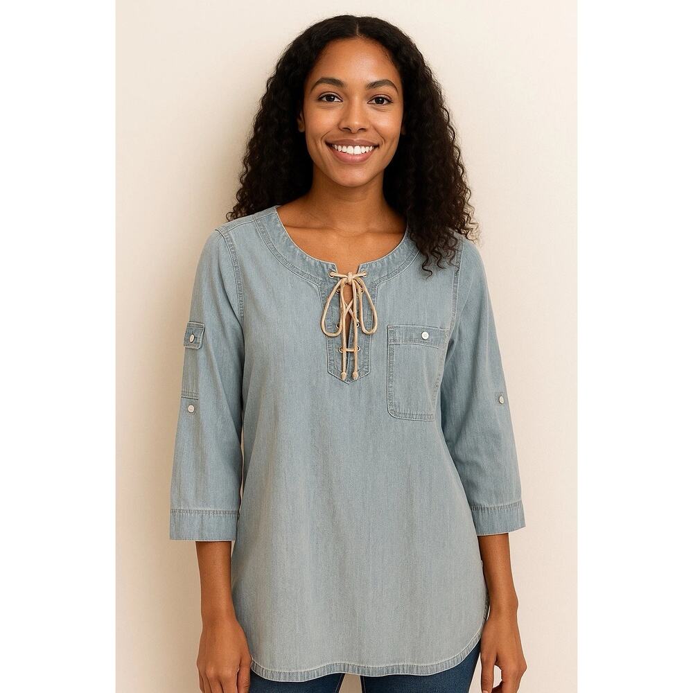 Ralph Lauren Top Women Medium Denim Chambray Lace Up Roll Tab Western Equestrian